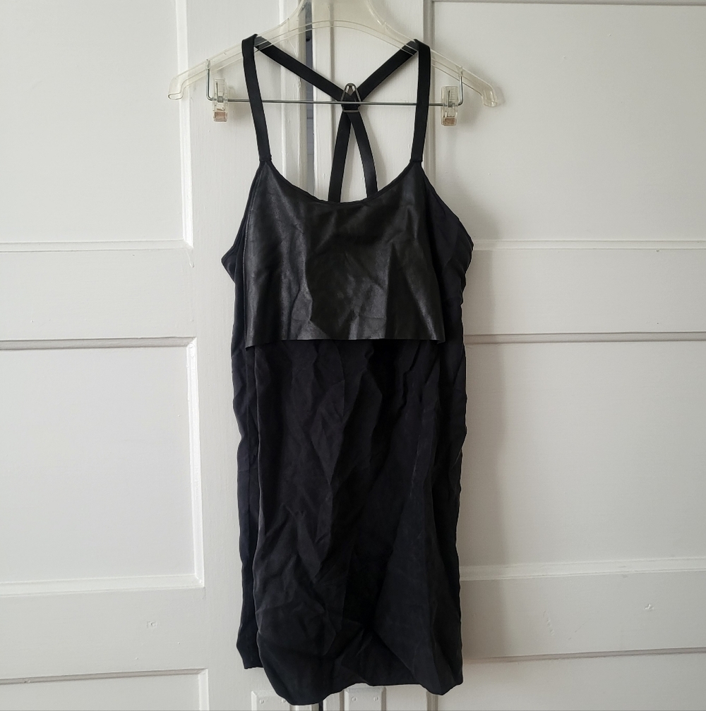 90'S VINTAGE Rozae Nichols Black Leather Racerback Goth Midi Dress Size Medium